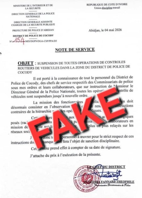 Côte d’Ivoire-AIP/ La Police nationale dément une fausse note annonçant la suspension des contrôles routiers à Cocody